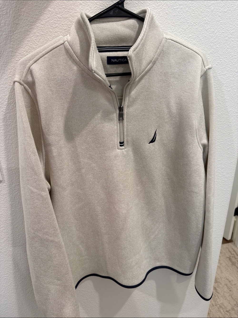 Nautica Men’s Cream Half-Zip Pullover with Navy Sail Logo